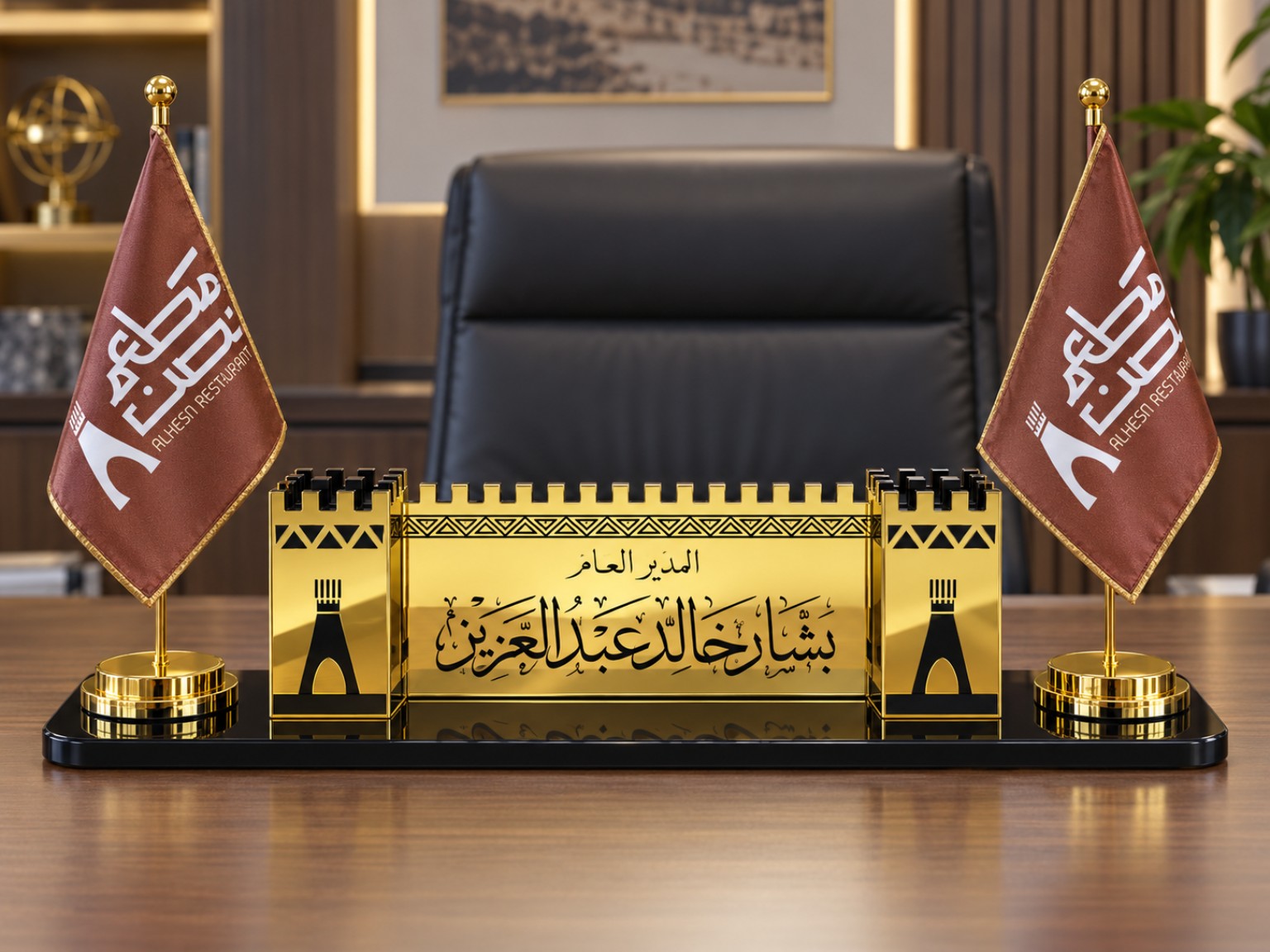 لوحة اسم مكتبية ذهبية مع علمين وشعار مخصص